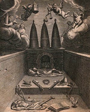 view An architectural composition resembling an altar on which a skeleton lies, cherubs fly above. Engraving.