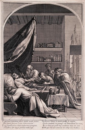 A dying man in bed is surrounded by a group of people praying for him. Etching.
