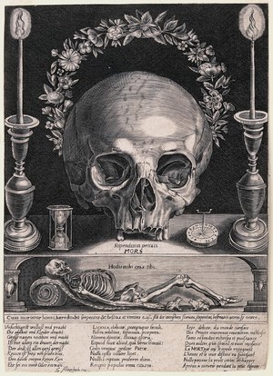 view A skull, a skeleton, candles and other symbols of mortality. Engraving attributed to G. Altzenbach, [16--].