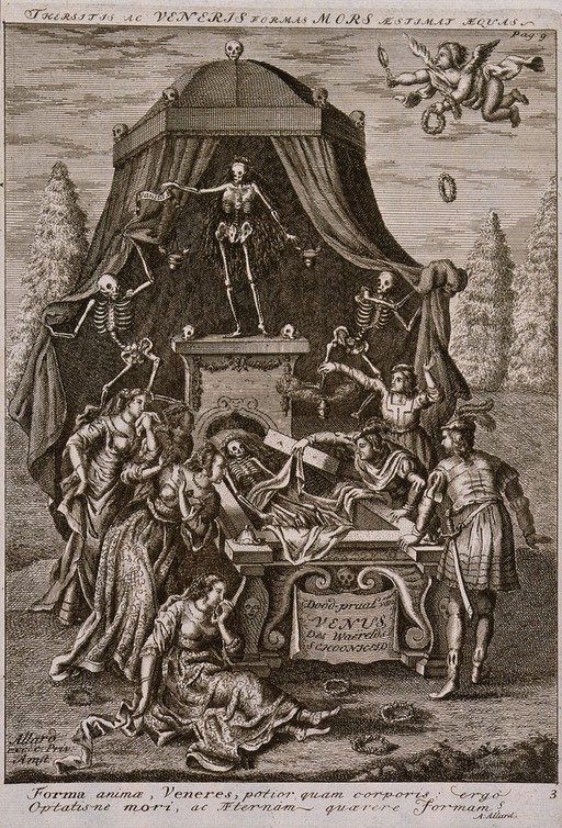 Men and women inspect the open grave of Venus. Etching.
