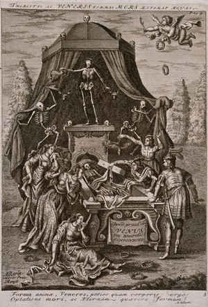 view Men and women inspect the open grave of Venus. Etching.