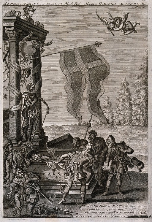 Mars lies in his monumental tomb and is surrounded by soldiers. Etching.