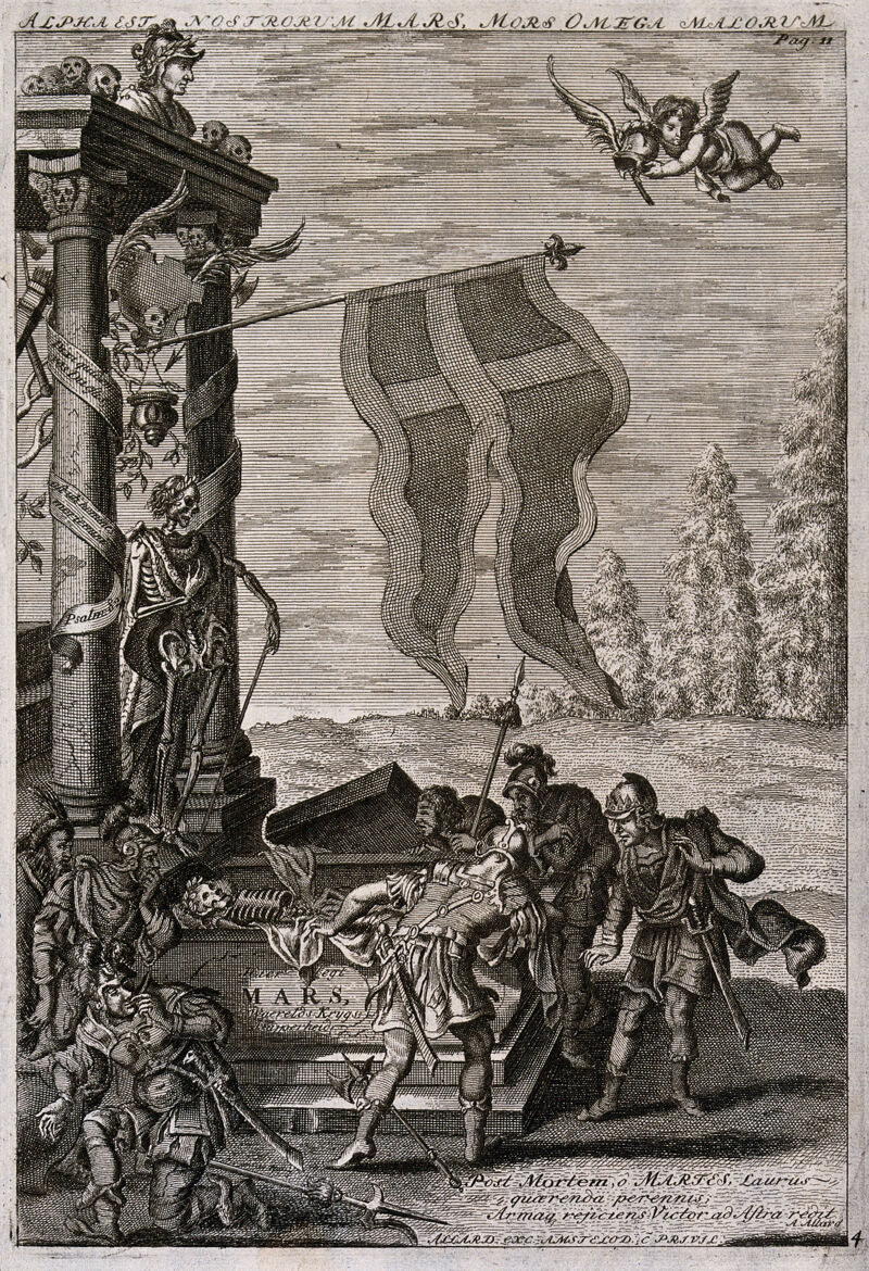Mars lies in his monumental tomb and is surrounded by soldiers. Etching., by Abraham Allard