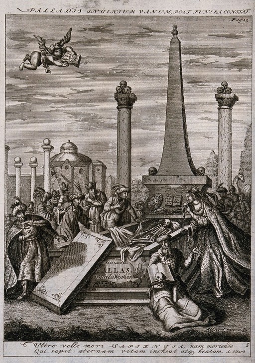 The open tomb of Pallas is visited by a group of visitors. Etching.
