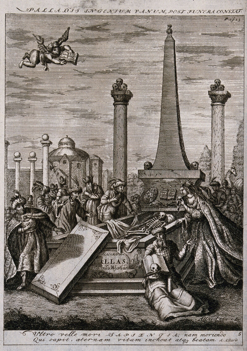 The open tomb of Pallas is visited by a group of visitors. Etching., by Abraham Allard