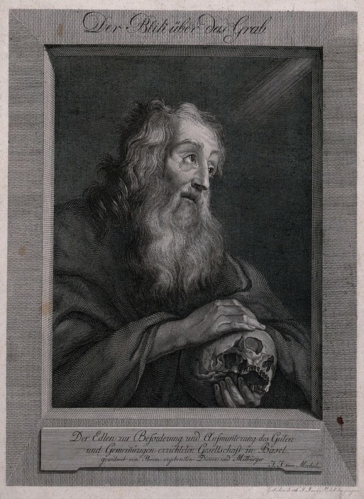 A man holding a skull. Engraving by Johann Jakob von Meckel.