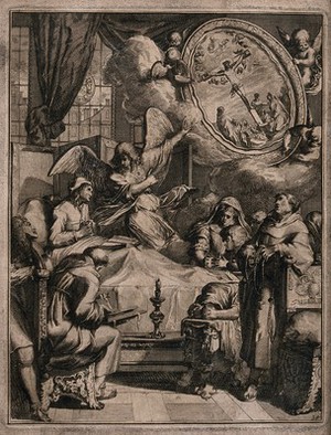 view A dying man folds his hands in prayer while an angel points towards an image of the crucifixion. Etching.