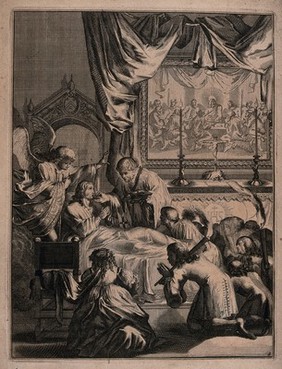 A dying man receives the Eucharist. Etching.