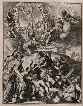 A dying woman is surrounded by allegorical figures who point to an image of the Crucifixion. Etching.