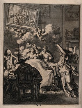 A dying man dictates his last will. Etching.