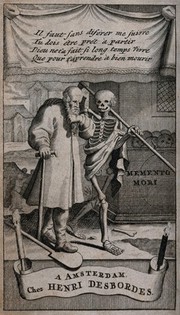 Death accompanies an old man. Etching.