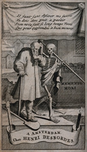 view Death accompanies an old man. Etching.