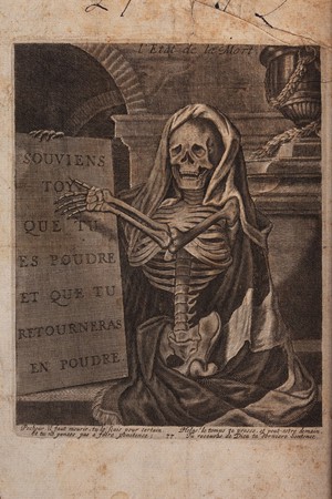 view A skeleton as memento mori. Etching.