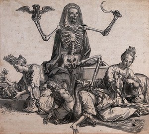 view Death tramples on three female allegorical figures representing sensual pleasures. Pen and ink drawing, ca. 1700.