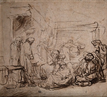 The death of Sapphira (?). Pen and ink drawing after a hypothetical drawing by Rembrandt van Rijn and one of his students.