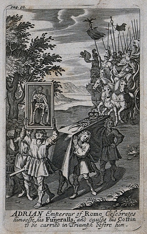 The Emperor Hadrian celebrates his funeral during his lifetime. Engraving by John Payne, 1639.