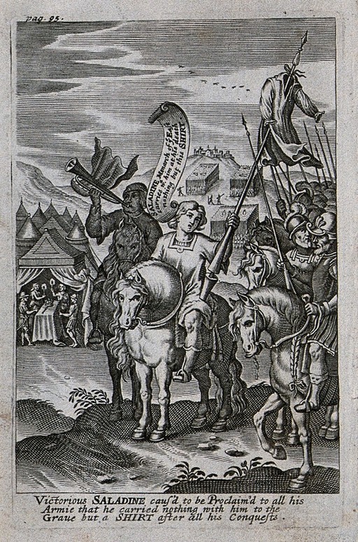 Saladin proclaims that he will only take his shirt to his grave. Engraving by John Payne, 1639.