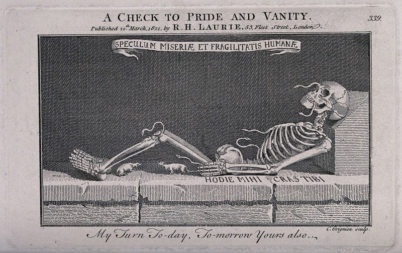 A skeleton with snakes and rats. Etching by C. Grignion, 1821., 12th. March, 1821, by Charles Grignion the Elder