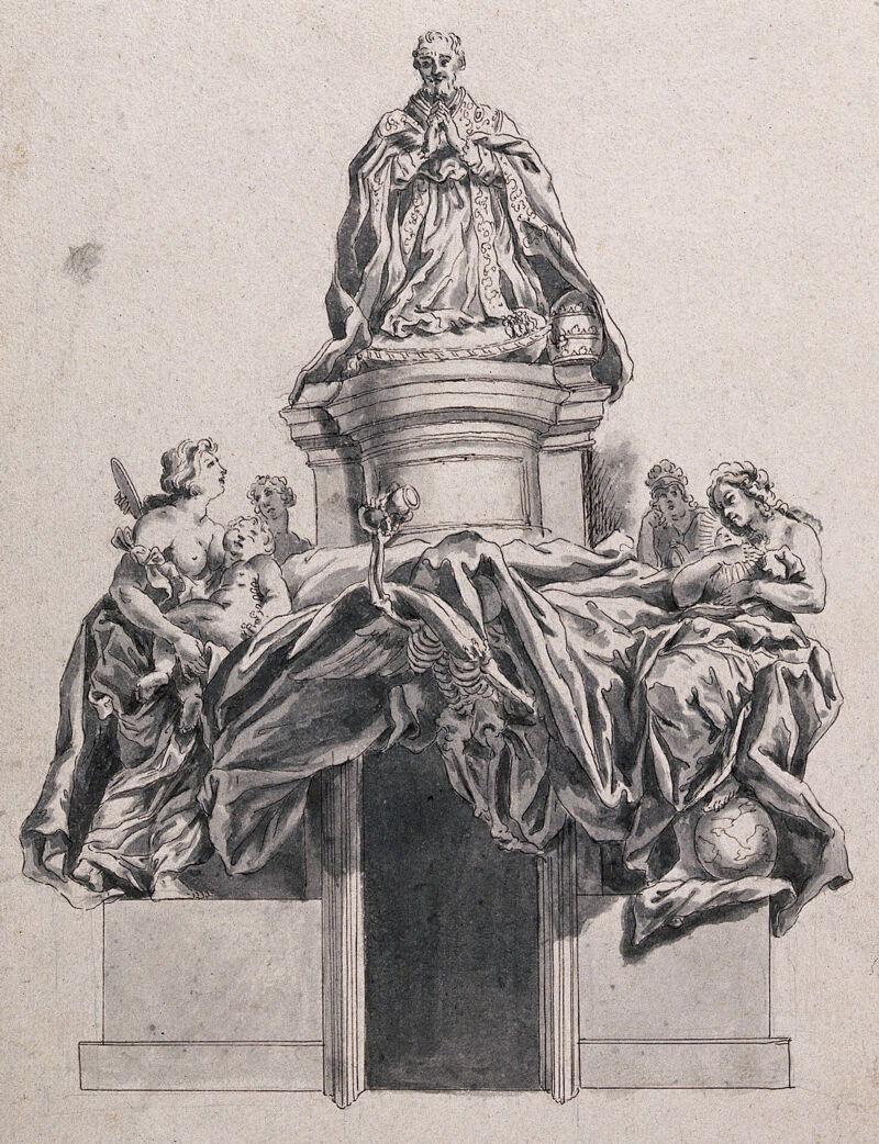 The tomb of Pope Alexander VII in St Peter's Basilica, Rome. Pen and ink drawing after G.L. Bernini., by Gian Lorenzo Bernini