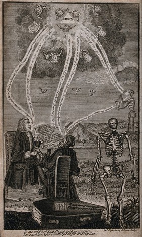 Two men in the presence of death hold a dialogue with God. Etching by John Lightbody.