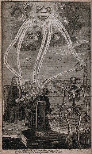 view Two men in the presence of death hold a dialogue with God. Etching by John Lightbody.