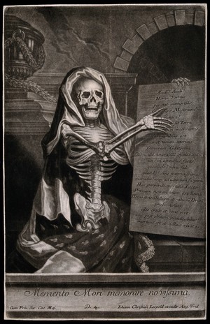 view A skeleton holding an inscribed plaque. Mezzotint.