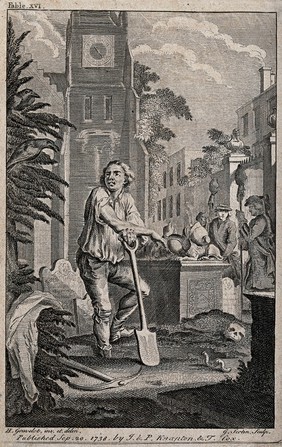 A gravedigger in a churchyard. Etching by G. Scotin after H. Gravelot, 17--.