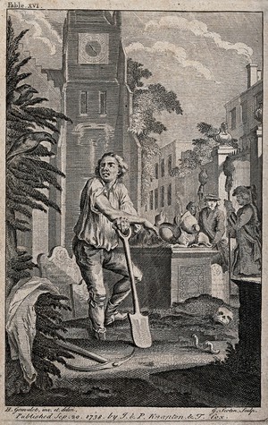 view A gravedigger in a churchyard. Etching by G. Scotin after H. Gravelot, 17--.