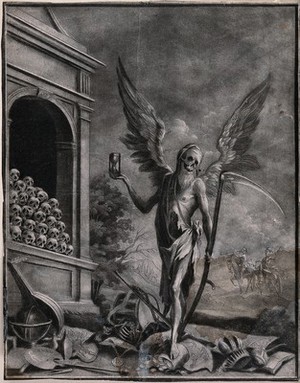 view A winged figure of Death stands on top of a selection of worldly goods and holds an hourglass and a scythe. Mezzotint.