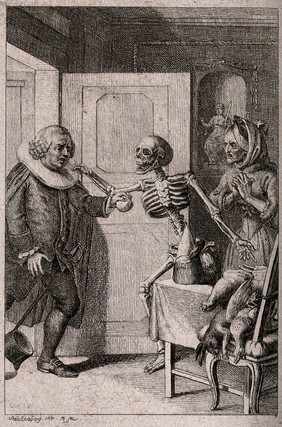 A town councillor enters a room in which he is greated by Death. Etching by J.R. Schellenberg, 1785.