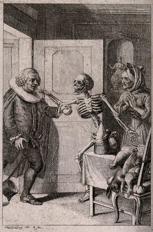 view A town councillor enters a room in which he is greated by Death. Etching by J.R. Schellenberg, 1785.