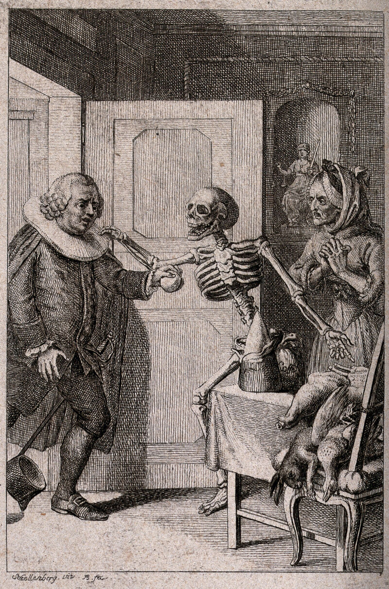 A town councillor enters a room in which he is greated by Death. Etching by J.R. Schellenberg, 1785., [1785], by Johann Rudolph Schellenberg