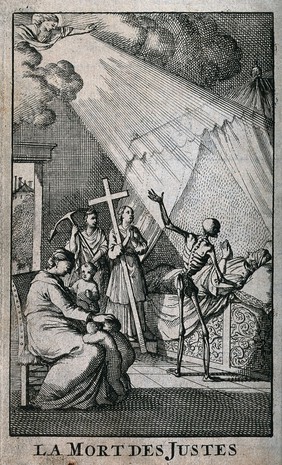 A dying man is being comforted by a figure of Death. Etching.