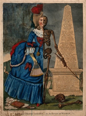 view A woman shown half as clothed human being and half as skeleton. Coloured etching, 17--.