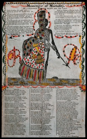 view A woman depicted as half human and half skeleton. Woodcut and letterpress.