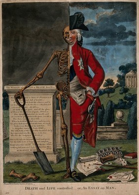 A man, half human and half skeleton. Coloured etching.