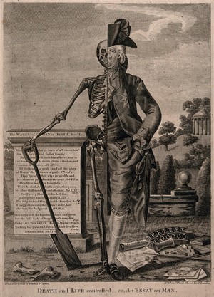 view A man, half human and half skeleton. Etching.