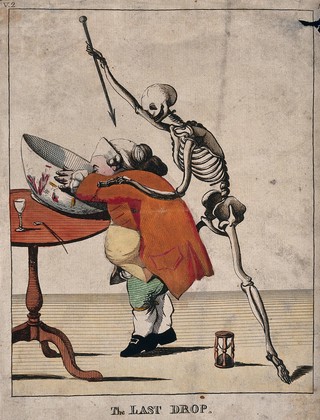 A short stout man drinks from a punchbowl, while Death approaches him from behind and aims his dart at him. Etching by M. Darly, 1773.