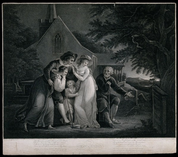 A family contemplates a gravestone. Stipple engraving by F. Bartolozzi after W. Hamilton.