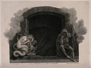 view The entrance to hell guarded by Sin and Death. Stipple engraving by F. Bartolozzi, 1792, after T. Stothard.