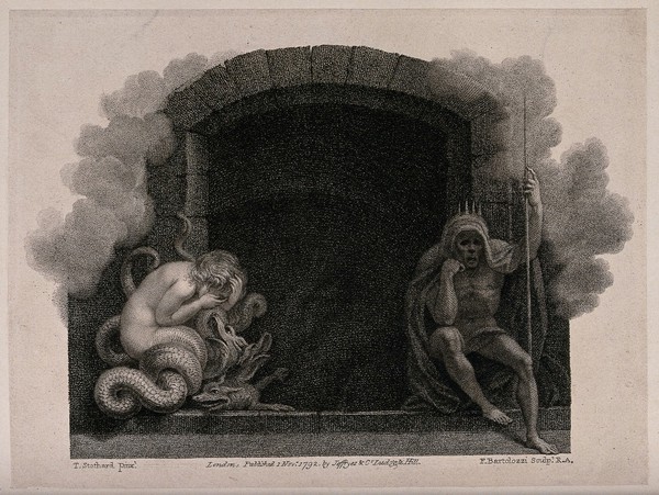 The entrance to hell guarded by Sin and Death. Stipple engraving by F. Bartolozzi, 1792, after T. Stothard.