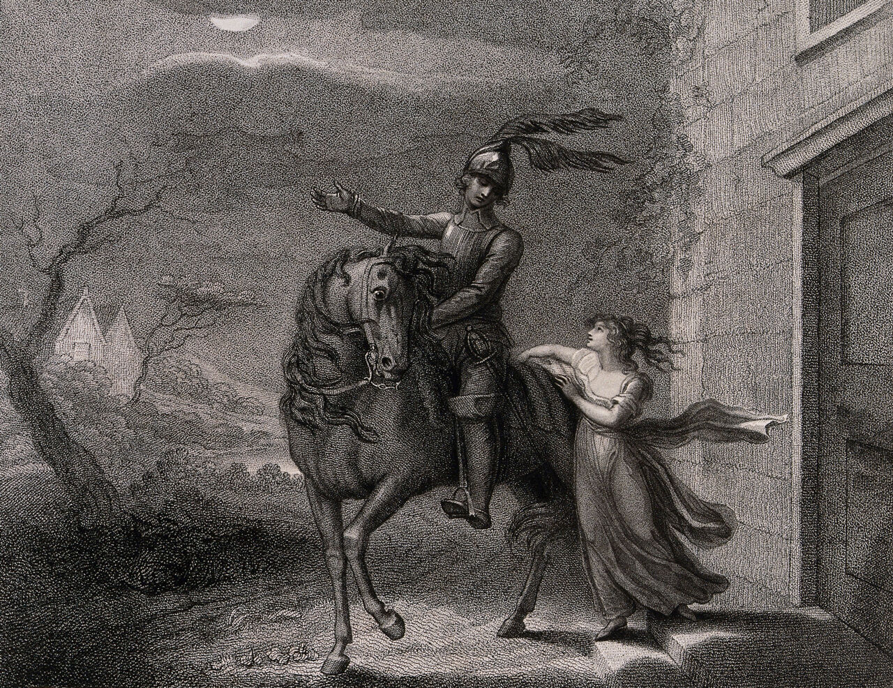 Death disguised as the knight William invites Lenore to ride with him. Stipple engraving by Harding after Lady Diana Beauclerk, 1796., June 1. 1796, by Diana Beauclerk