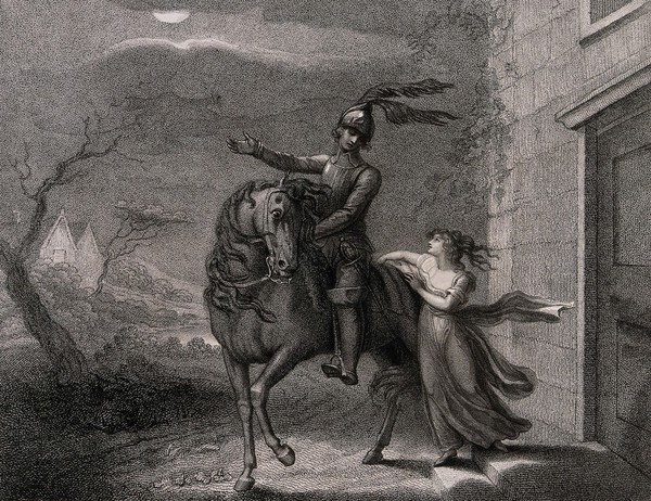 Death disguised as the knight William invites Lenore to ride with him. Stipple engraving by Harding after Lady Diana Beauclerk, 1796.