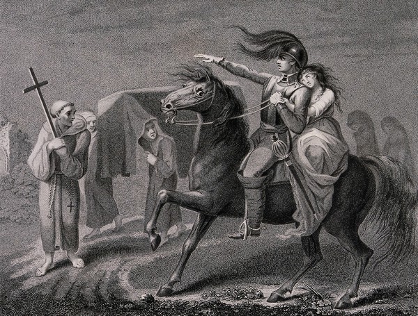 Death disguised as the knight William, accompanied by Lenore, encounters a funeral procession approaching a graveyard. Stipple engraving by A. Birrell after Lady Diana Beauclerk, 1796.