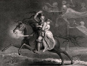 view Death disguised as the knight William and his lover Lenore ride past ghostly figures of Death. Stipple engraving by Harding after Lady Diana Beauclerk, 1796.