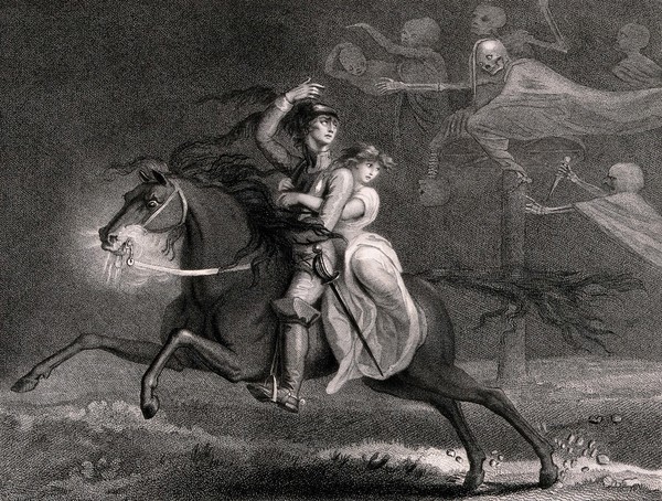 Death disguised as the knight William and his lover Lenore ride past ghostly figures of Death. Stipple engraving by Harding after Lady Diana Beauclerk, 1796.