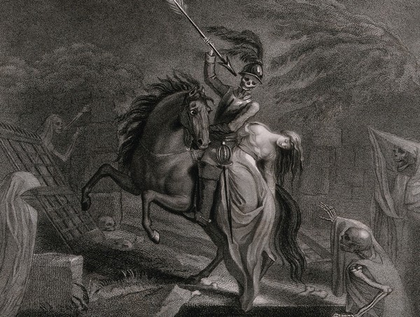 Death disguised as the knight William reveals himself as Death: Lenore is consigned to the grave. Stipple ngraving by Harding after Lady Diana Beauclerk, 1796.