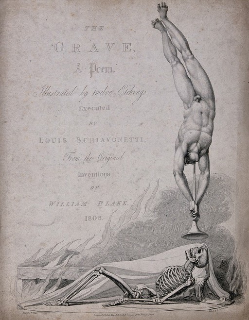 A skeleton is serenaded by a trumpeter. Etching by Louis Schiavonetti after William Blake, 1808.