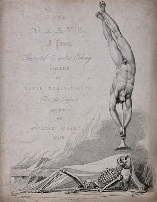 A skeleton is approached by an angel who blows the last trump. Etching by Louis Schiavonetti after William Blake, 1808.