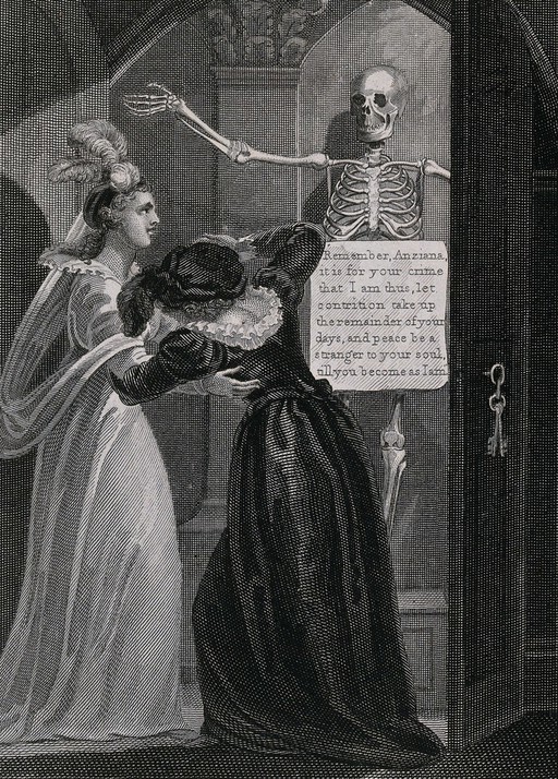 Two women open a cupboard in which a skeleton stands. Engraving by Broun after W.M. Graig, 1819.